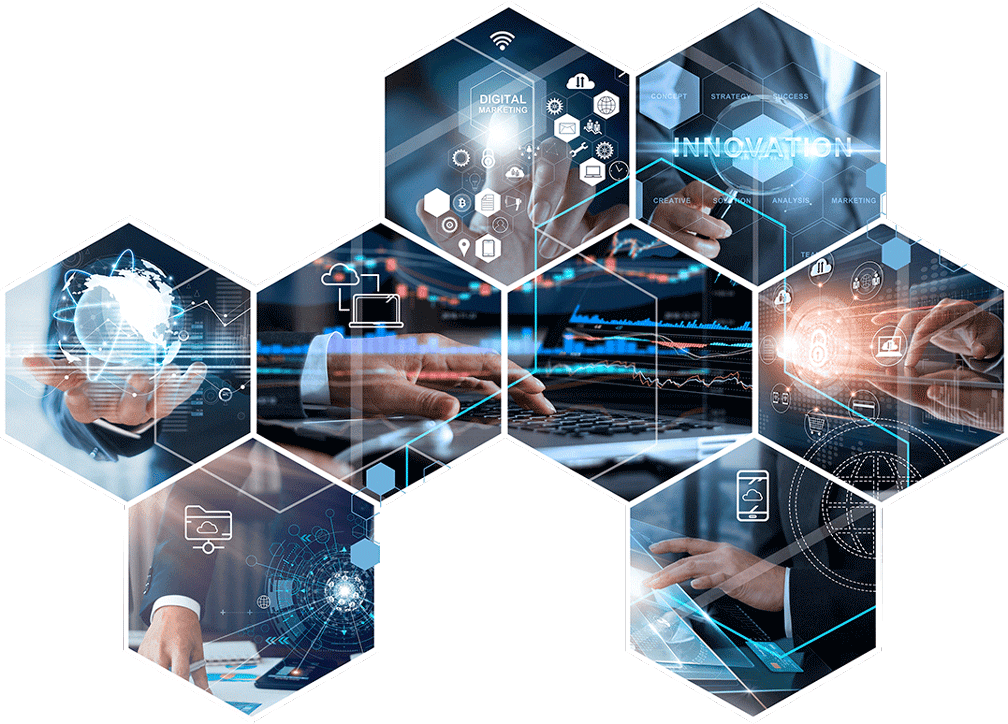 Mehrere Ausschnitte zeigen Hände, die Grafiken und Datenvisualisierungen auf einem Bildschirmen bedienen.
